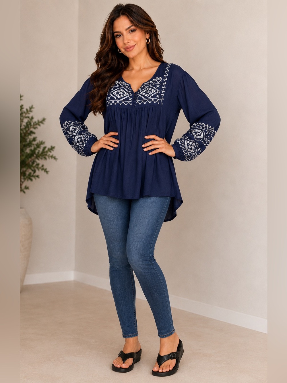Navy Blue Boho Tunic Blouse with Geometric Embroidery Size L